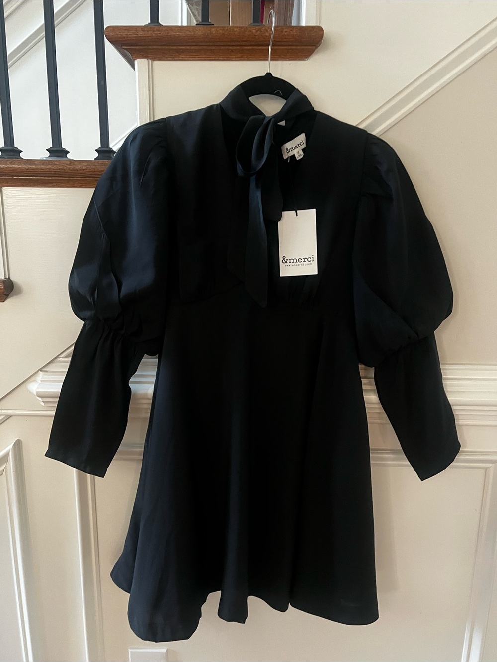 &merci  Black Puff Sleeve Tie Neck Mini Dress